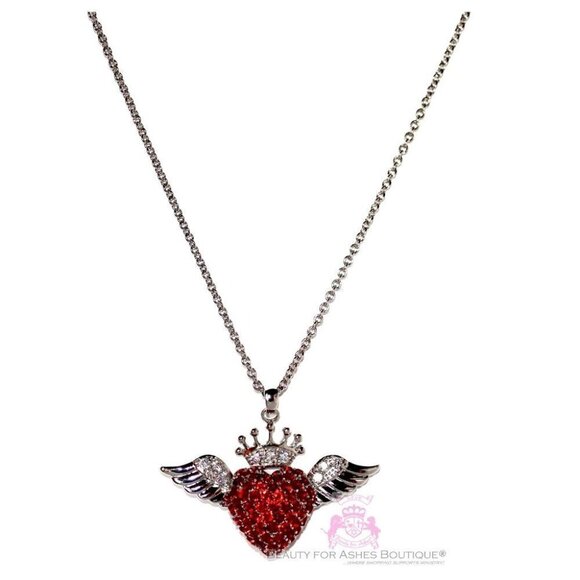 BFA Ruby Red Cz Cubic Zirconia Love Heart Glam Angel Wing Angelic Crown Necklace - Picture 2 of 3